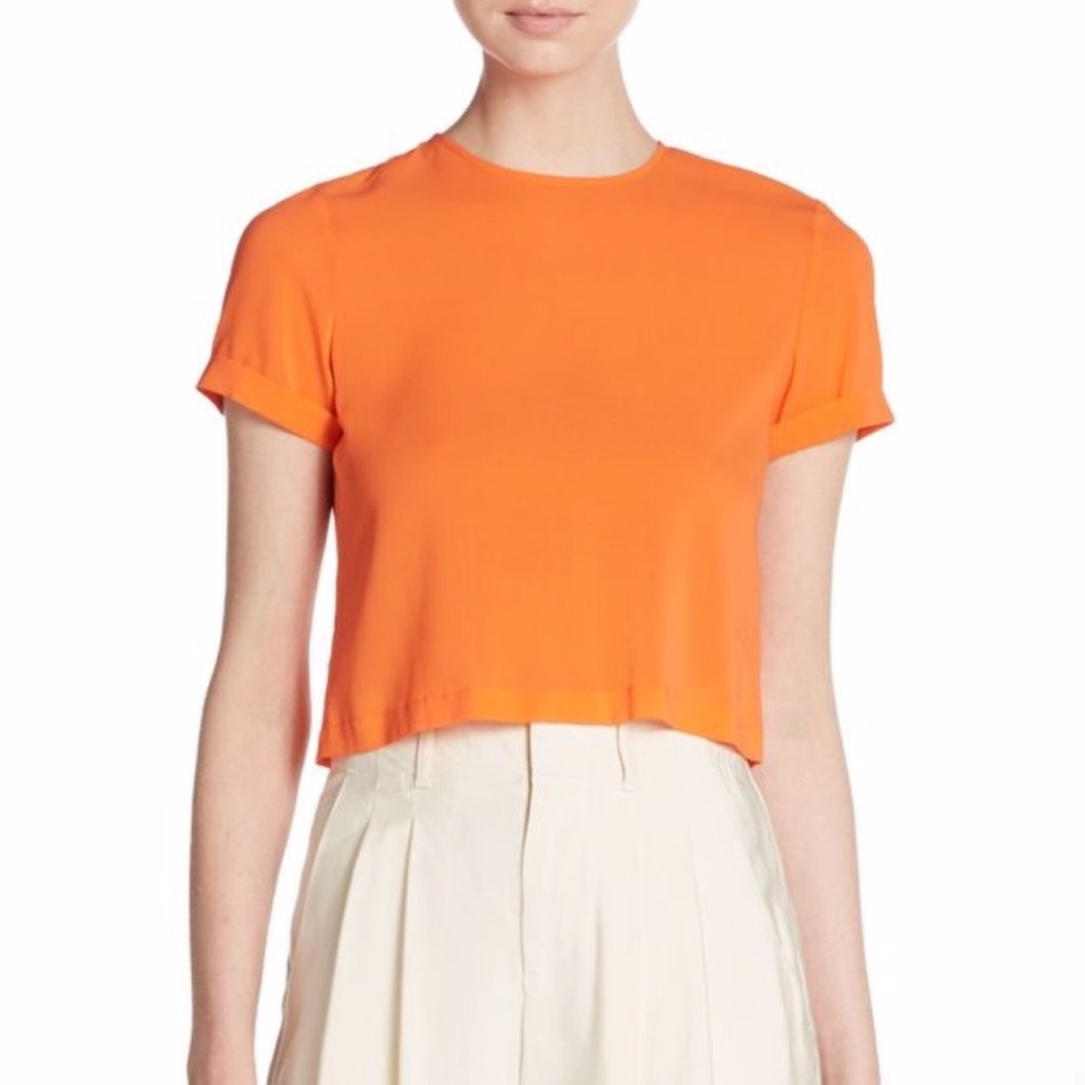 Alice + Olivia Orange Silk Crop Tee Back Zip
